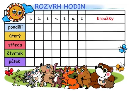 Rozvrh na magnetické fólii A4 - zvířátka